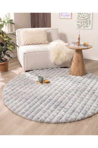 ECOSER Bubble Tavşan Tüyü Post Kaymaz Taban Yıkanabilir Gri Peluş Yuvarlak Ha...