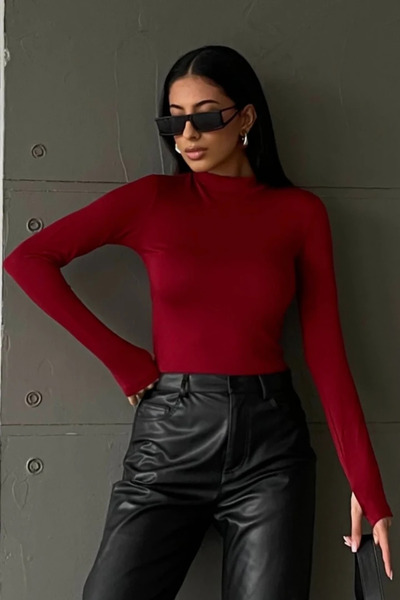 YOUR NAME Bluză de damă cu gât roșu Claret cu detaliu degete