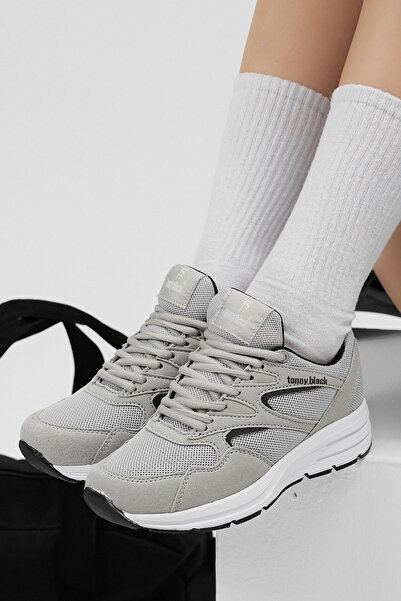 Tonny Black Unisex Gri Poli Taban Nefes Alabilen Kumaş Bağcıklı Spor Ayakkabı