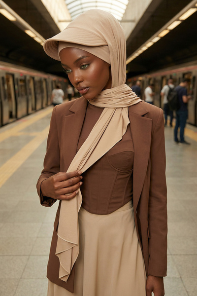 Aisha's Design Şal din bumbac pieptănat cu vizor, SS-1, maro lapte