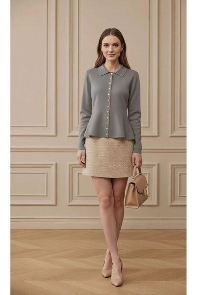 Maysev Peter Pan collar Slim Fit Long Sleeve Gold Buttoned Flounced Peplum He...