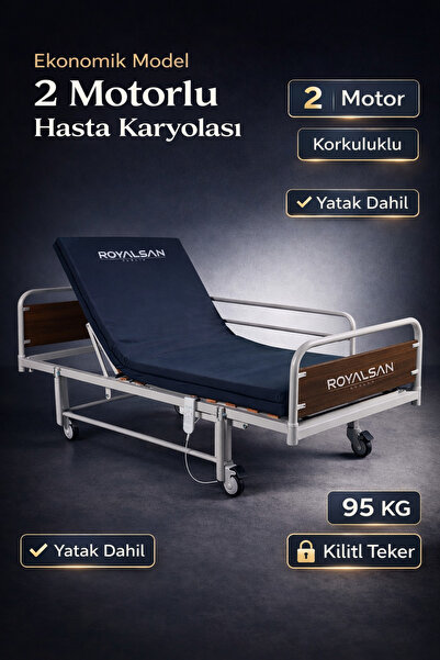 Royalsan Sağlık Evde Bakım İçin 2 Motorlu Hasta Karyolası | Korkuluklu | Yata...