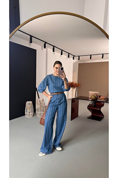 Sezgi Tekin Premium Seri Çizgili Denim Palazzo Pantolon