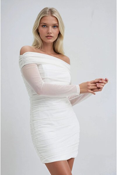 Lijuri White Draped Madonna Collar Mini Dress 2933 R5-J-K5