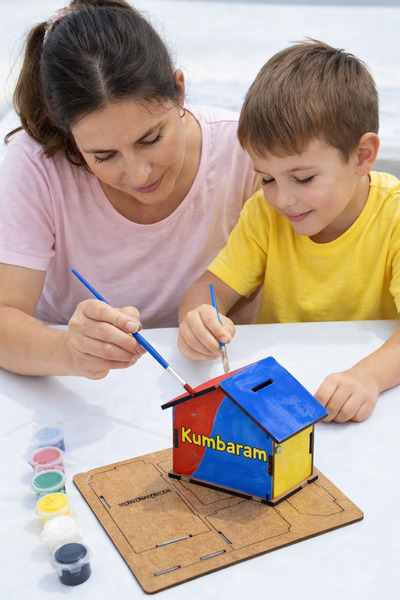 Başaklar 3D Ahşap Maket Boyama Kedi Kumbara Boya&Fırça Hediyeli