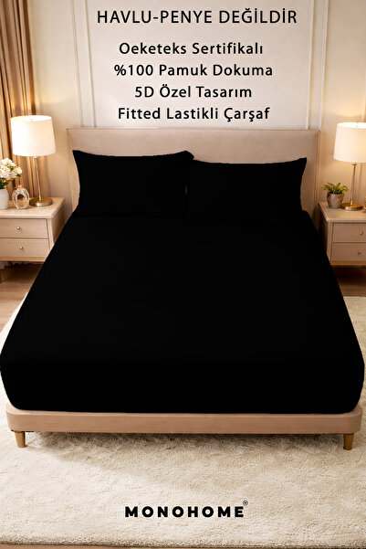 MonoHome Black Fitted Sheet - 100% Cotton, Oeko-tex® Certified, Made from Duv...