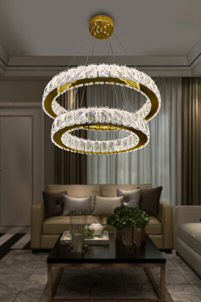 RSCOLLECTIONS 2 Katlı Daire Kristal Taşlı Modern LED Avize – Salon & Oturma O...