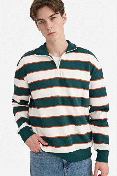 DeFacto Boxy Fit Mock Neck Half Zipper Striped Sweatshirt G5021Ax25Wn