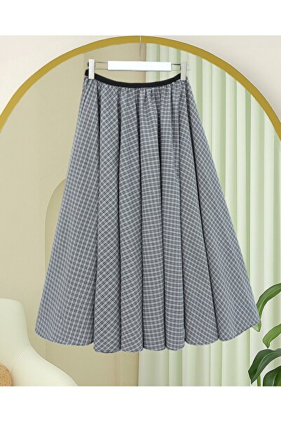 Modamorfo Plaid Patterned 360 Degree Skirt with Elastic Waist - Gray