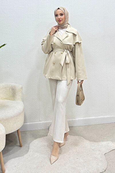 Tesettür Diyarı Μπουφάν Scuba Oversize με λεπτομέρεια κουμπιών και ζώνη - Μπε...