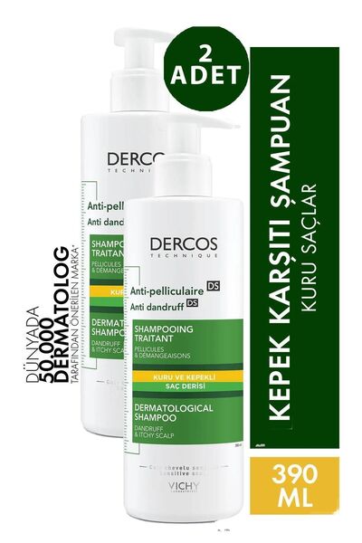 Vichy Dercos Anti-Dandruff Şampuan Kuru Saçlar için Kepek Karşıtı 390 ml 2 Adet