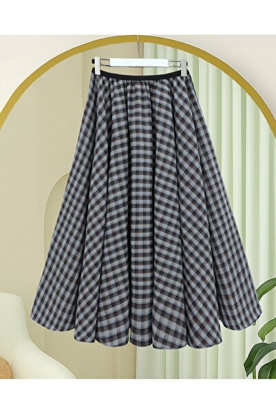 Modamorfo Plaid Patterned 360 Degree Skirt with Elastic Waist - Dark Brown