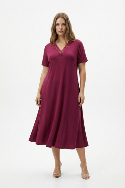 Mivoon Bamboo Fabric Lace Collar Detail Flared Dress 7XL