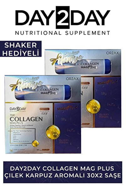 DAY2DAY Collagen Mag Plus Çilek Karpuz Aromalı 30 Saşe + Shaker Hediyeli 2 Adet