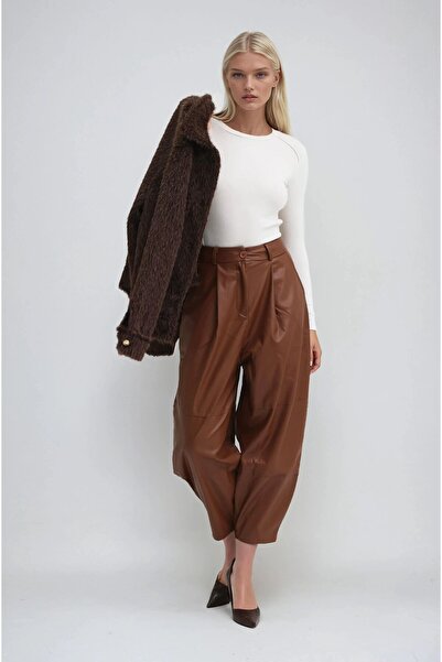 Lijuri Brown Pleated Detailed Leather Carrot Pants 0100 R5-K-K1