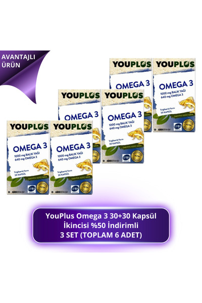 Youplus Omega 3 30+30 Kapsül - İkincisi %50 3 SET (TOPLAM 6 ADET)