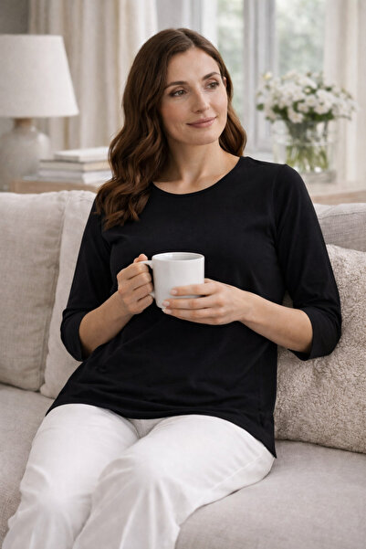 TheCatu Siyah Kadın Bisiklet Yaka Yarım Kol Viskon Tişört