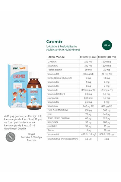 Natuwell Gromix L-arjinin Fosfotidilserin Multivitamin Şurup 150ml 3 lü Paket