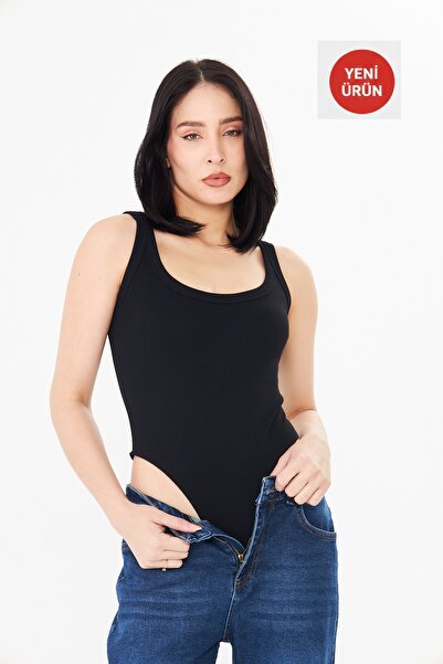 Distimi Strappy Corded Fabric Bodysuit Cotton Black