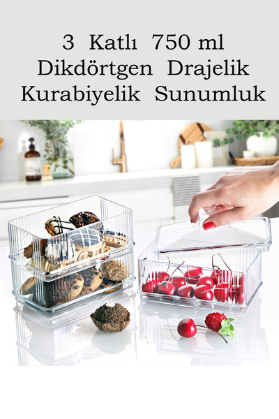 Crystal Ware 3 Katlı Şeffaf Dikdörtgen Saklama Kabı Drajelik, Çerezlik, Kurab...