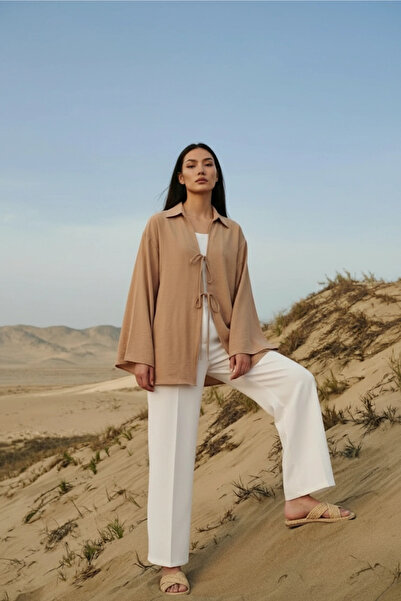 PASTELASTORE Kimono pentru femei 100% bumbac și in, cu șireturi, buzunar 1165...