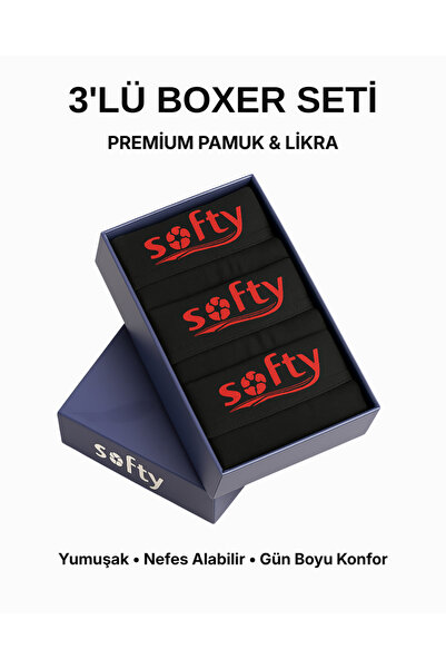 Softy 3'lü Pamuk Penye Erkek Boxer Seti – Premium Kutulu, Nefes Alan, Likralı...