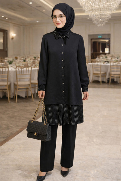 GARNİ Сорочка з коміром на ґудзиках, чорна туніка в горошок