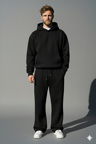 NİCE Black Baggy Wide-Leg 3-Ply Thick Combed Cotton Fabric Shard Fleece-Lined...