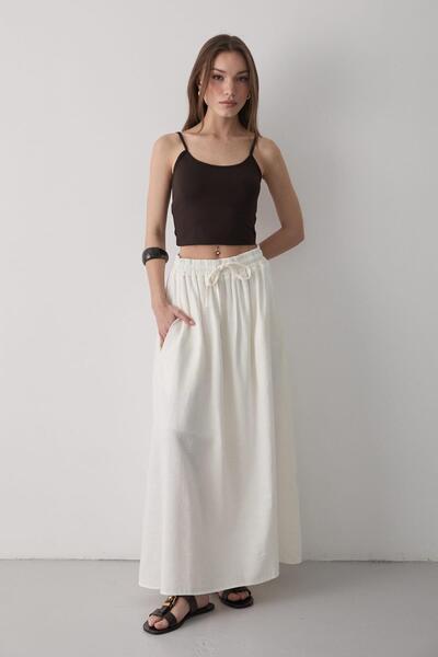 JASTE Fusta de in pentru femei cu talie elastică și buzunare duble