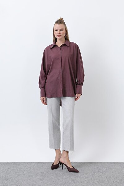 Loreen Women's Flounced Oversized Cotton Poplin Shirt-20665Gml - Almond Green