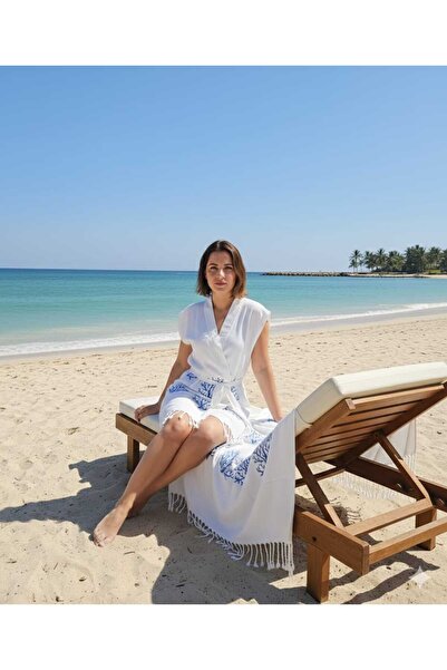 Nevin Acar Blue Coral Kimona Peshtemal Beach Bathrobe and Peshtemal Towel Set of 2