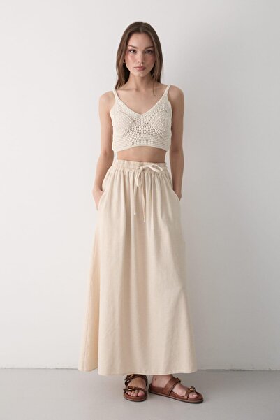 JASTE Kadın Beli Lastikli Çift Cepli Keten Etek