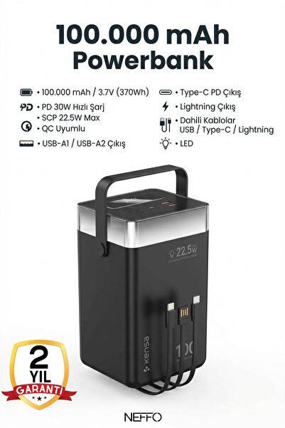 NEFFO 100.000 Mah Kapasiteli LED Işıklı Powerbank – Hızlı Şarj, USB-C & Çoklu...