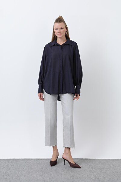 Loreen Women's Flounced Oversized Cotton Poplin Shirt-20665Gml - Navy