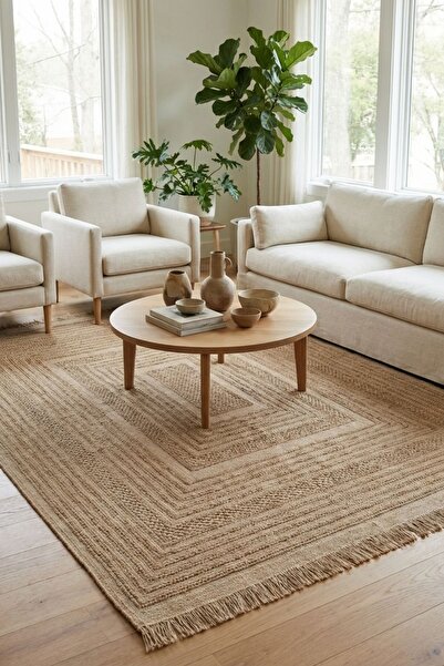 Cool Halı Rustika Bej Jüt Halı Modern Kabartma Desen Kaymaz Taban Bohem İskan...