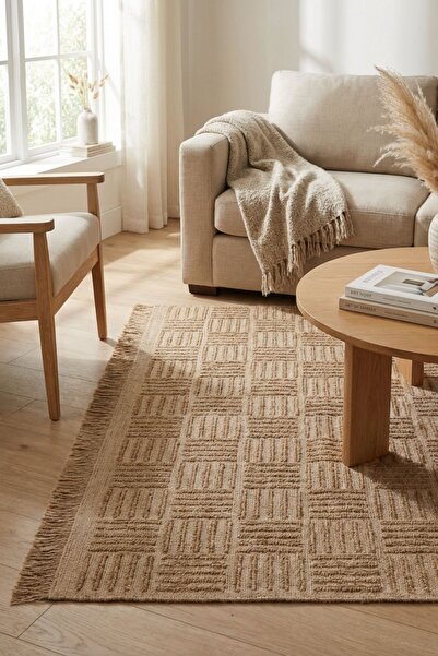 Cool Halı Rustika Bej Jüt Halı Kilim Modern Kabartmalı Bohem Kaymaz Taban Has...