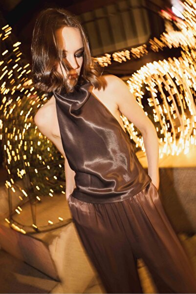 Antioch Kahve Saten Halter Kadın Top