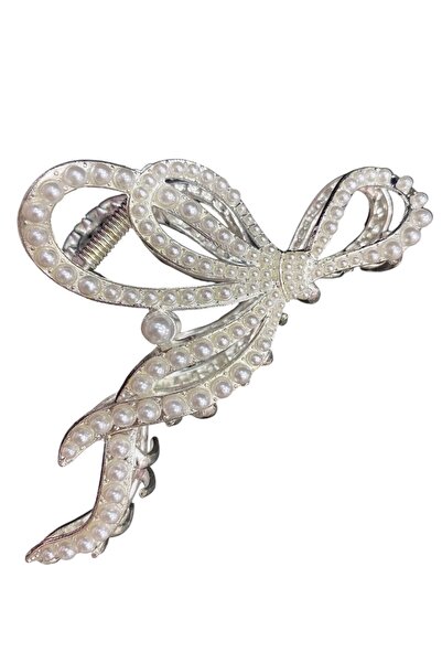 SHEKER HOME Μεταλλική πόρπη με φιόγκο και πέρλες - Ασημί Λευκό