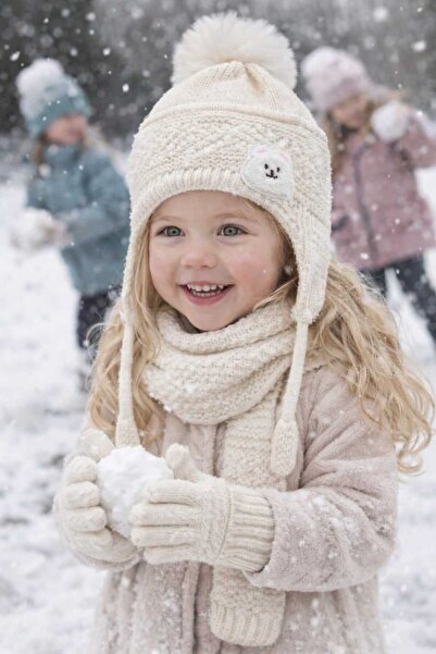 Kitti Tassel Detailed Lining Cotton Combed Fabric Textured Girl's Scarf Beani...