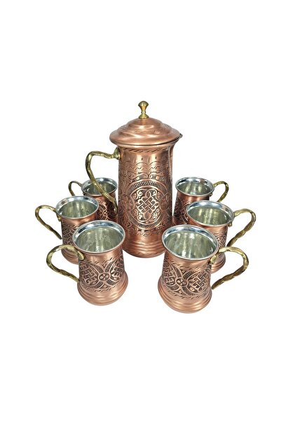 Zinnun El Yapımı Bakır Oyma Sürahi & 6’lı Bardak Seti – Pirinç Kulplu, Eskitm...