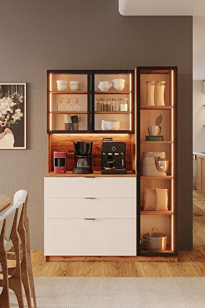 Avmpark Orea Temperli Cam Kapaklı Ledli Kahve Köşesi Kiler Airfry Dolabı Mutf...