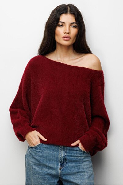 Mixray 7010 Women's Boat Neck Soft Textured Knit Sweater Burgundy