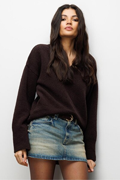 Mixray 6996 Pulover tricot moale pentru femei cu decolteu în V, maro