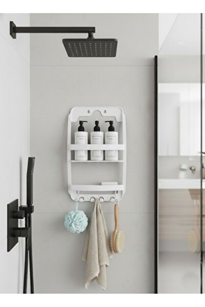 Saban Banyo Rafı Duvara Monte Plastik 3 Katlı Raf Organizer – Askılıklı, Beyaz