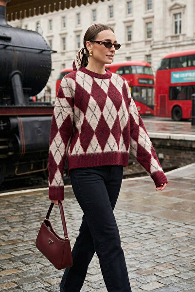 Lela Pulover cu textura moale cu model de romboi, cu decolteu crew, oversize,...