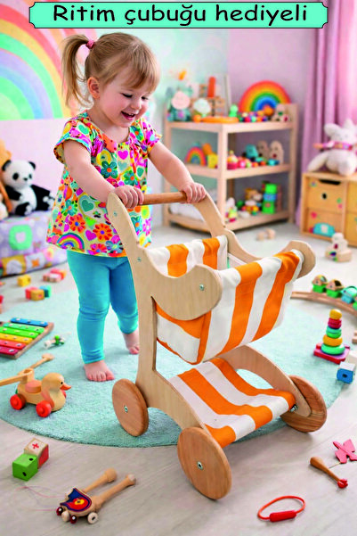 elizi ahşap Ahşap Oyuncak Bebek Arabası - Bebek yürüteci - Ahşap bebek arabası