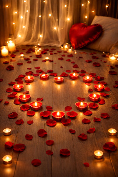 Parti dolabı 50 Kalp Mum ve 250 Kumaş Gül Yaprağı Kalpli Mum ve Yapay Gül Yap...