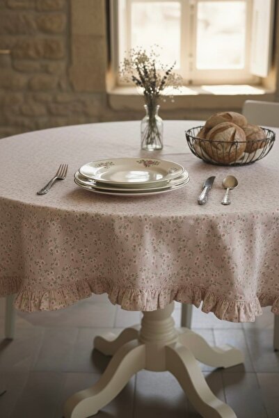 vintagetasarım masa örtüsü çiçekli pudra pembe vintage fırfırlı 140x120cm