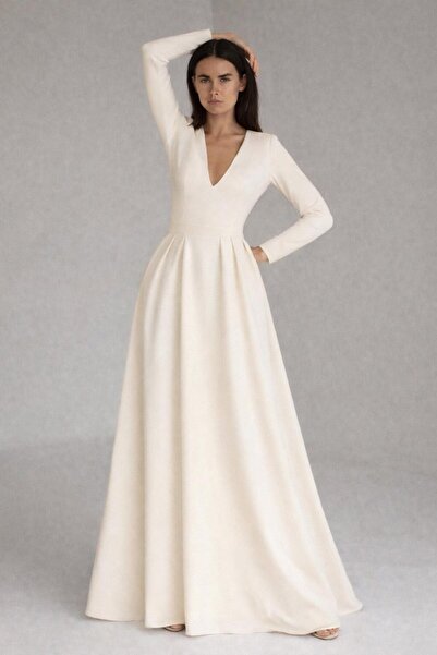 ALYEL NAKER فستان طويل من الكريب بأكمام طويلة وتنورة دائرية كاملة