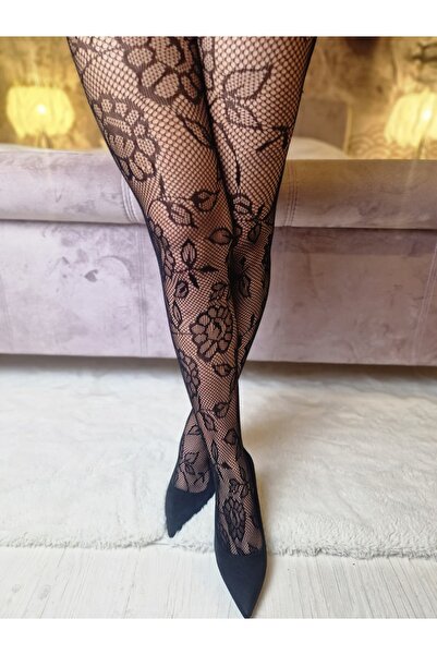 Divin store Women's black mesh tights with large floral pattern Luana